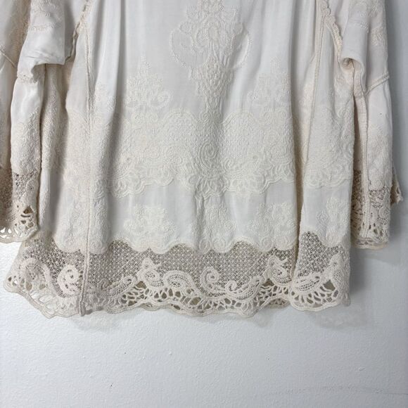 Democracy Cream Boho Lace M Top 3/4 Split Sleeve Embroidered CottageCore Romance - Picture 5 of 12